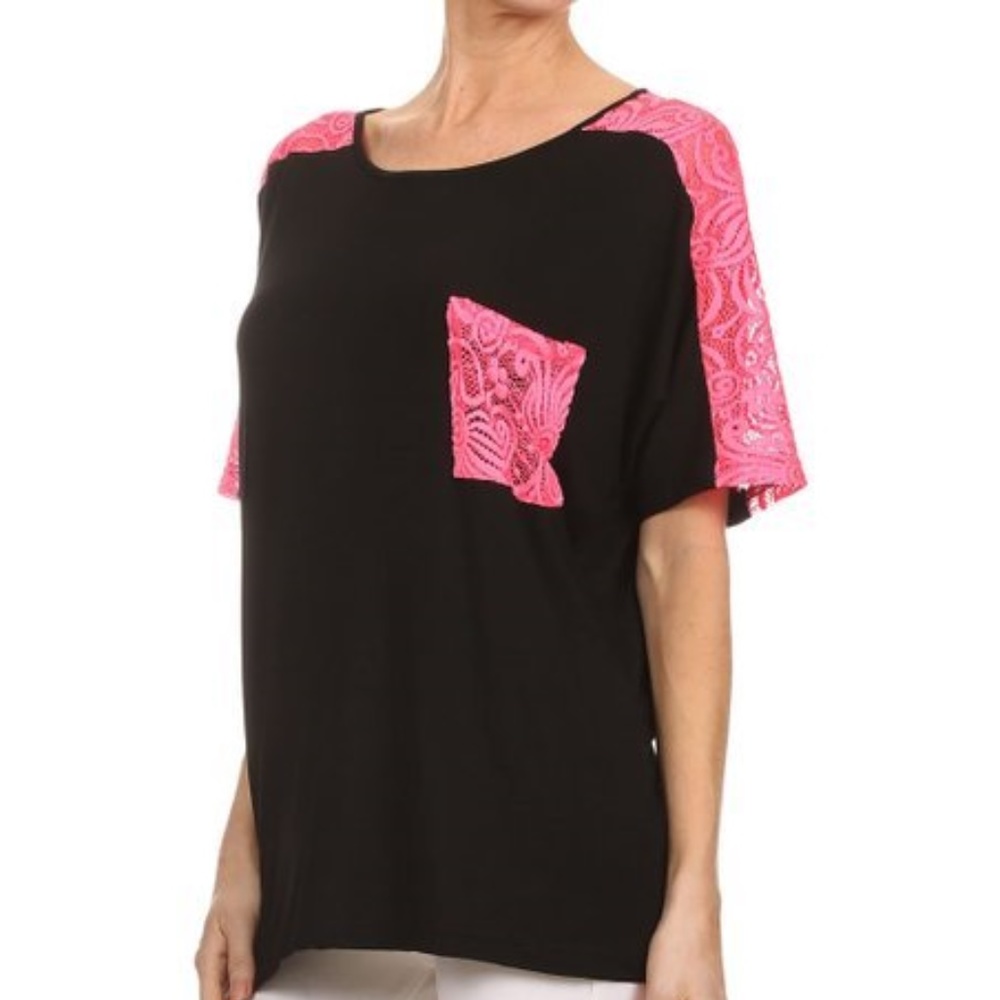 Black & Fuchsia Lace-Accent Pocket Tee Sz XL